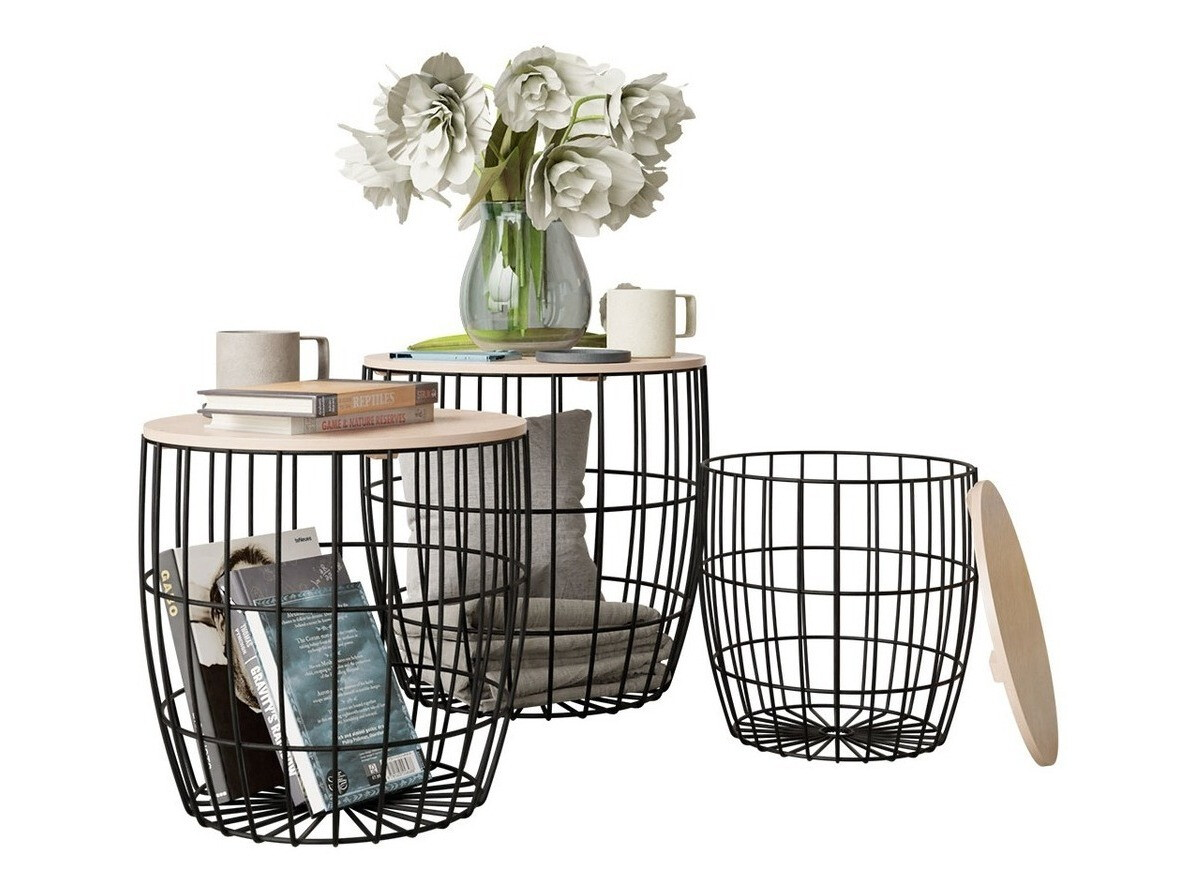 Beistelltische-Set Aedifis (Schwarz + Helles Holz)