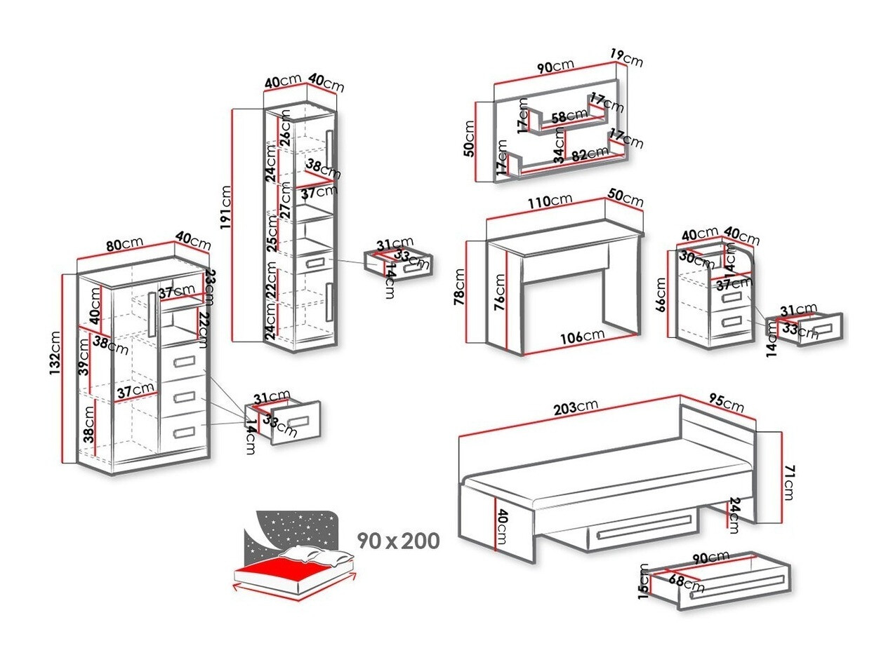 Möbel-Set Akron H106 (Anthrazit + Weiß + Grau)