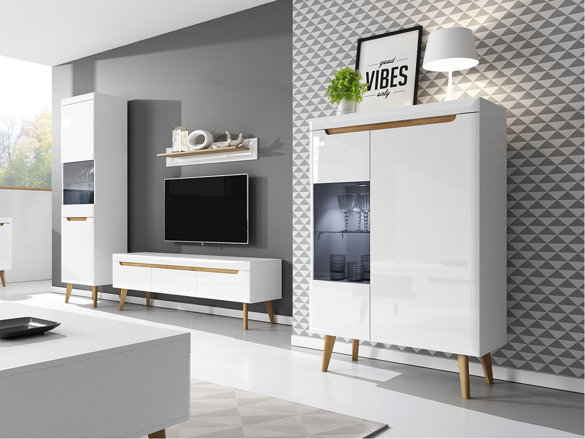 Wandregal Bracchal (Weiß + Weiß glänzend + Riviera eichenholzoptik)