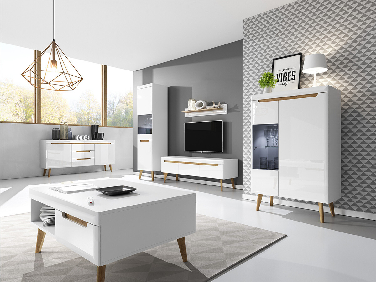 Wandregal Bracchal (Weiß + Weiß glänzend + Riviera eichenholzoptik)