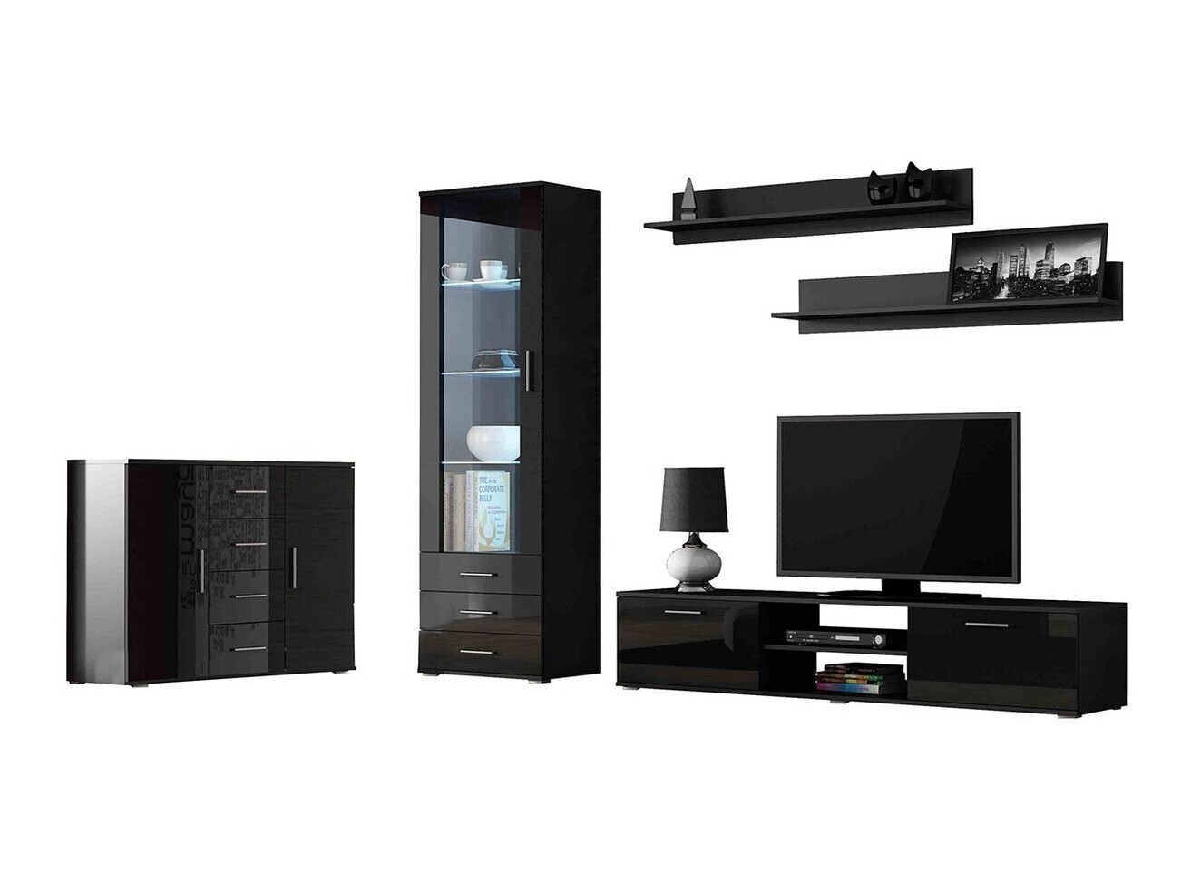 Wohnzimmer-Sets Tornola 108 (Schwarz + Schwarz glänzend)