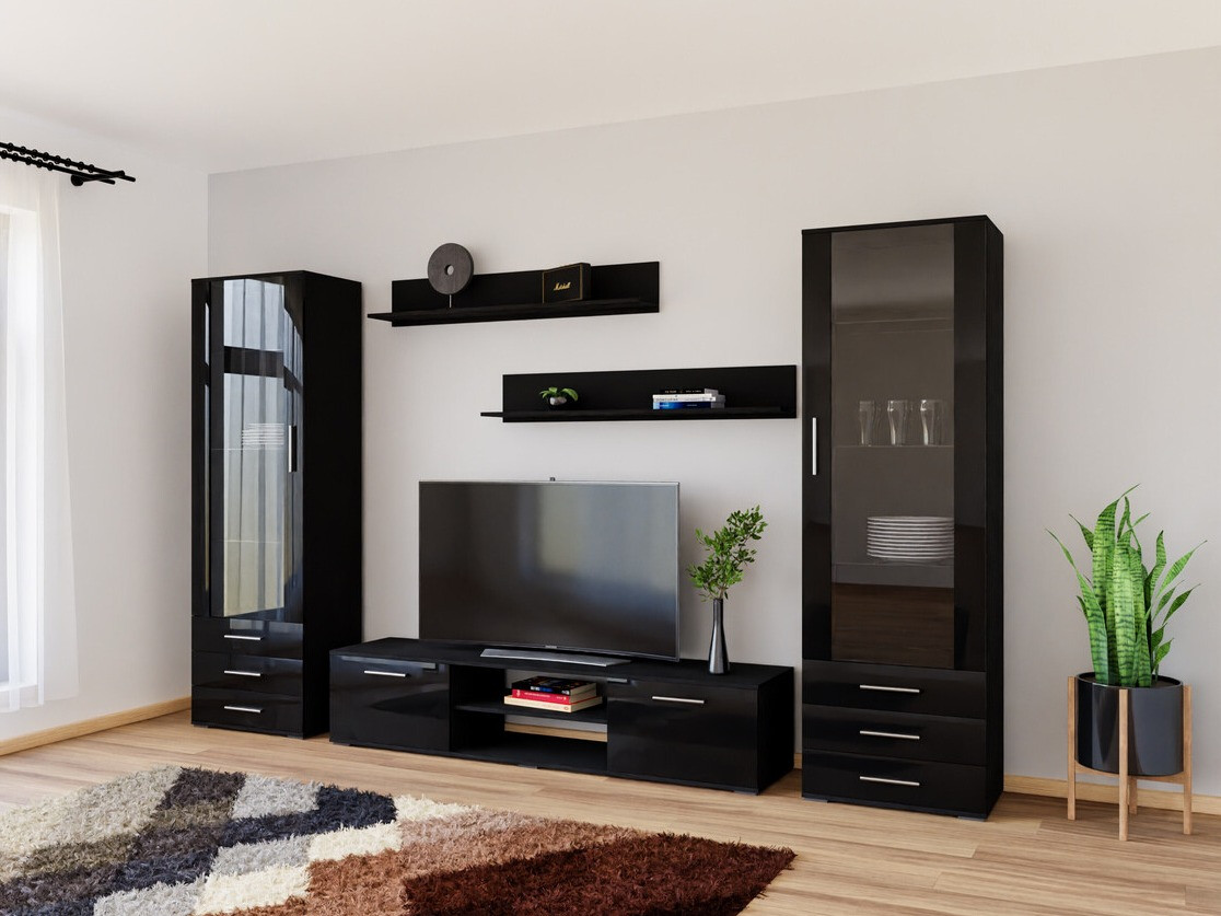 Wohnzimmer-Sets Tornola 109 (Schwarz + Schwarz glänzend)