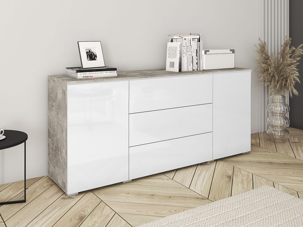 Kommoden Mirfivo 102 (Beton + Weiß glänzend)