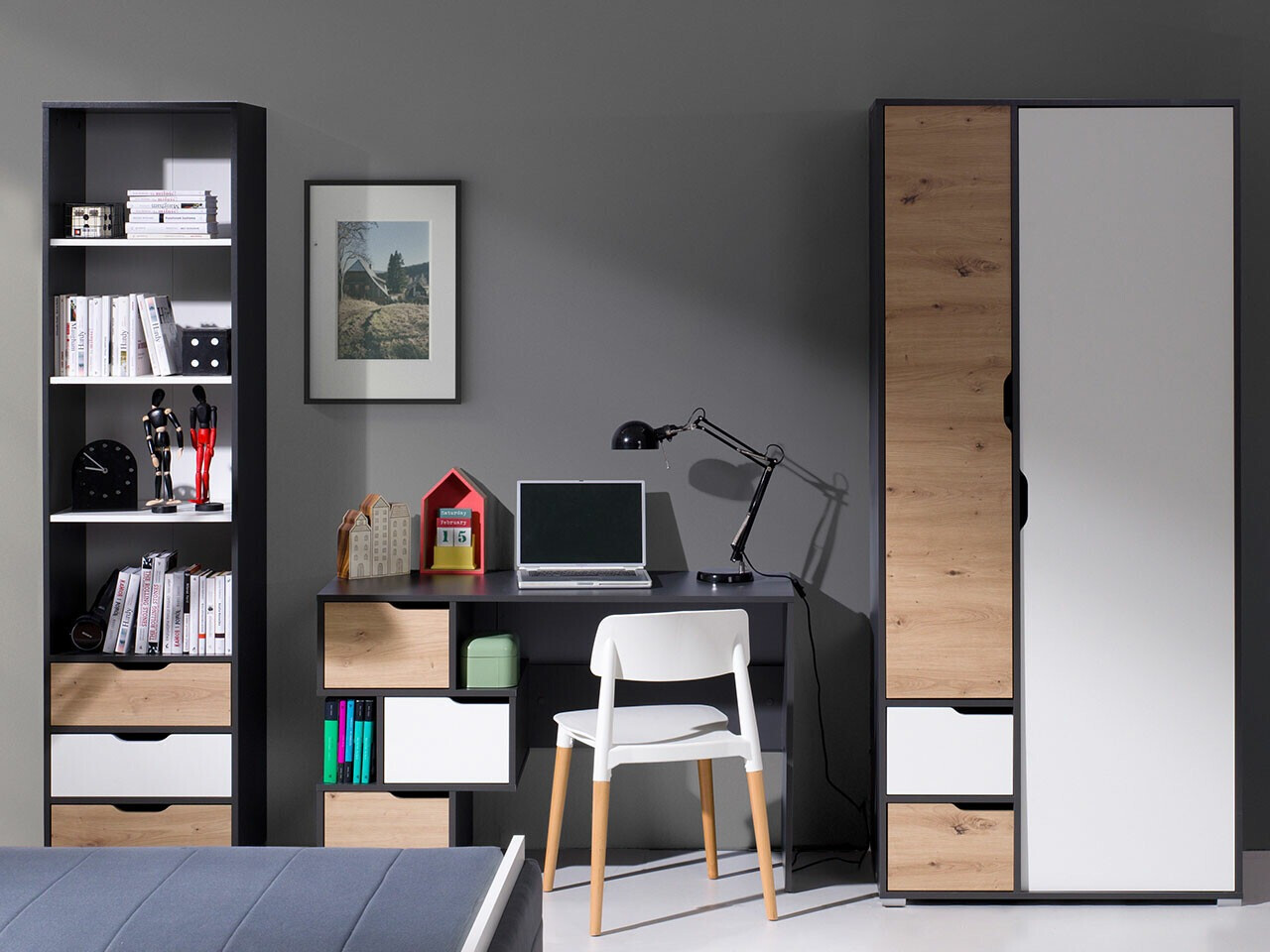 Möbel-Set Providence H118 (Weiß + Graphit + Artisan Eichenholzoptik)