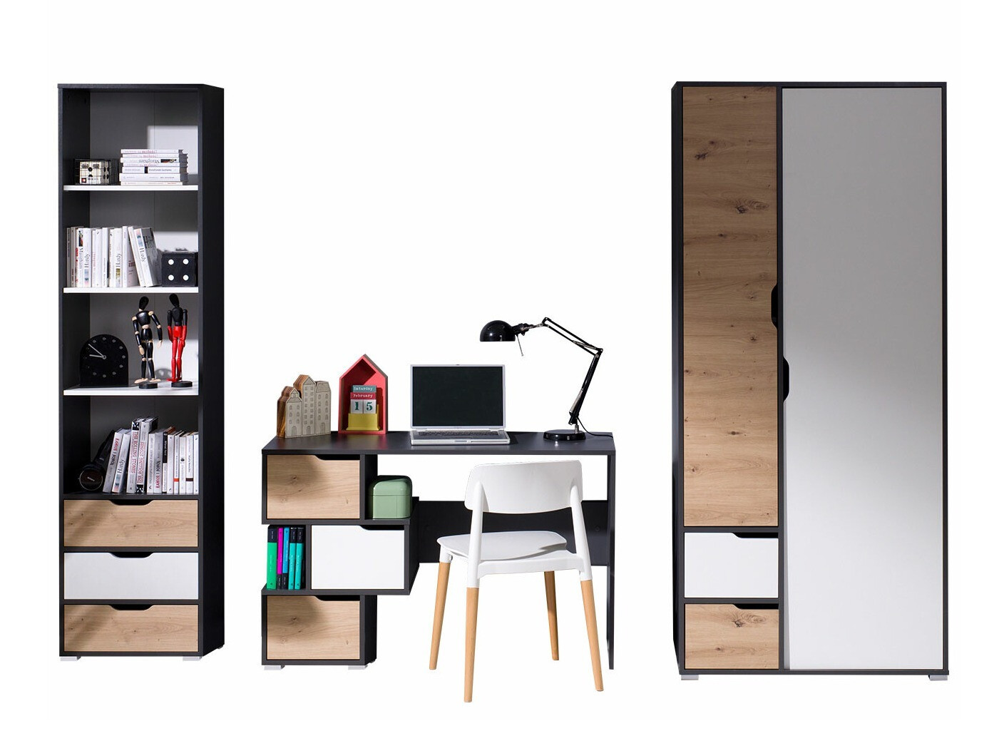 Möbel-Set Providence H118 (Weiß + Graphit + Artisan Eichenholzoptik)