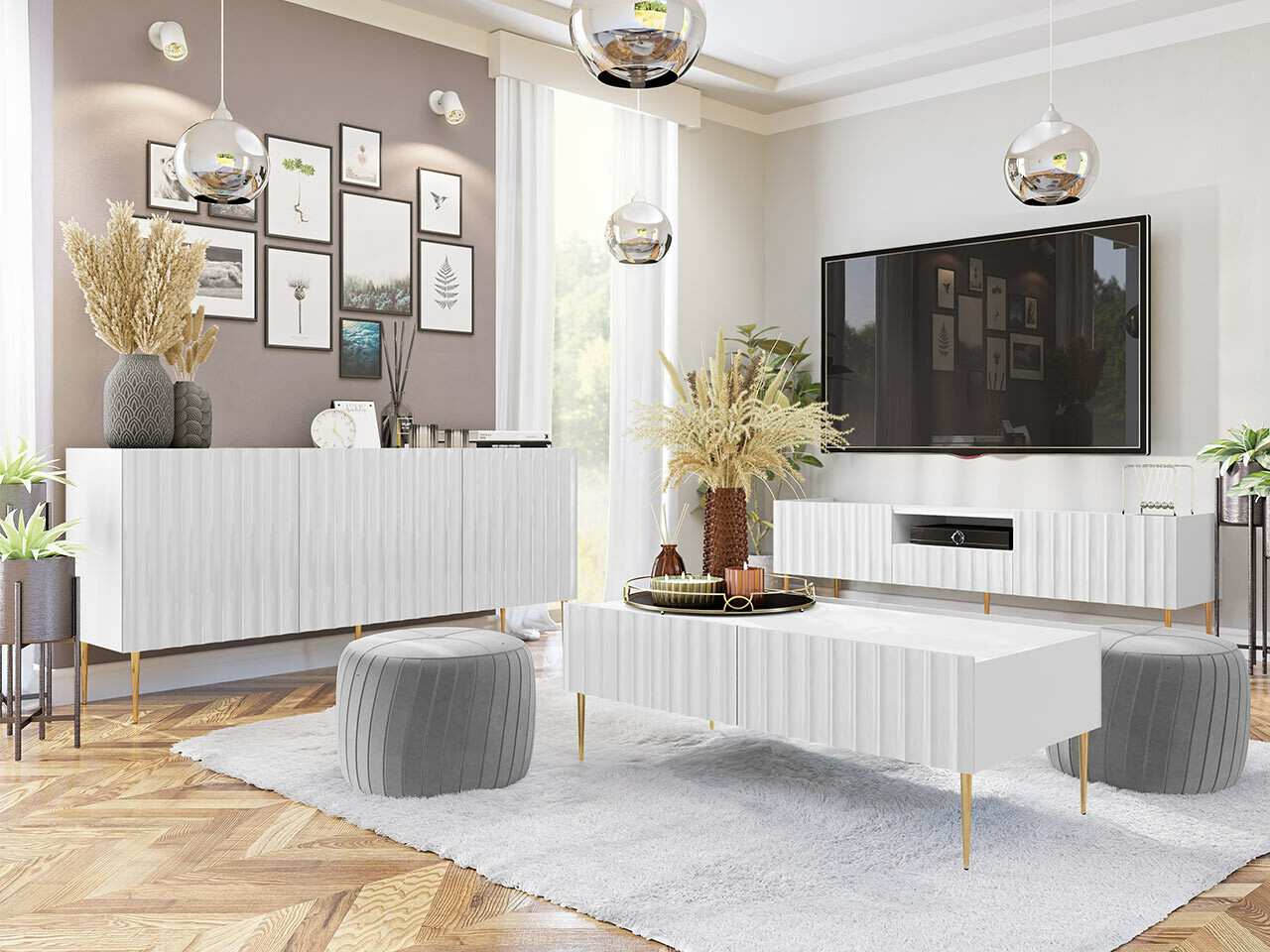 Wohnzimmer-Sets Merced B131 (Weiß glänzend + Weiß)