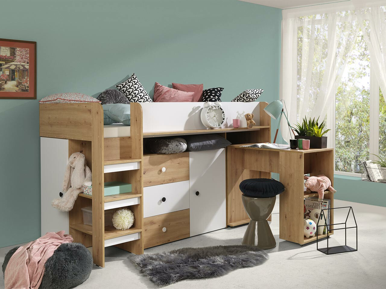 Hohes Bett Hartford 359 (Artisan Eichenholzoptik + Weiß)