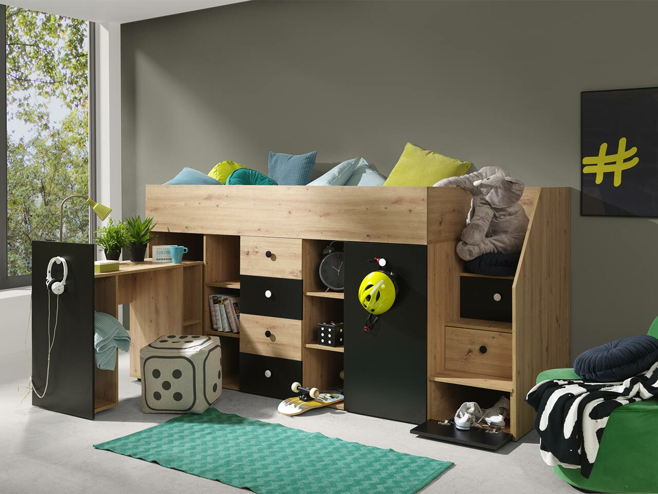 Hohes Bett Hartford 361 (Artisan Eichenholzoptik + Schwarz)