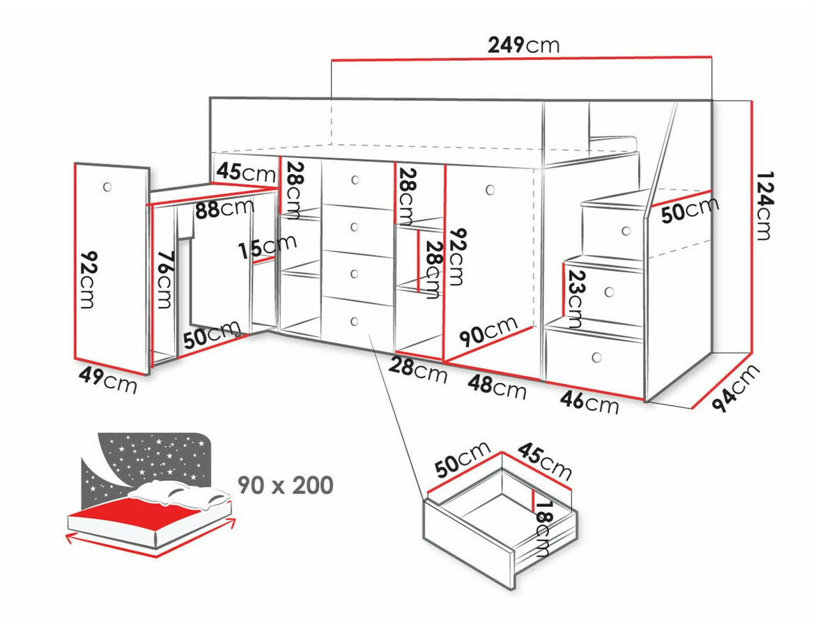 Hohes Bett Hartford 361 (Artisan Eichenholzoptik + Schwarz)