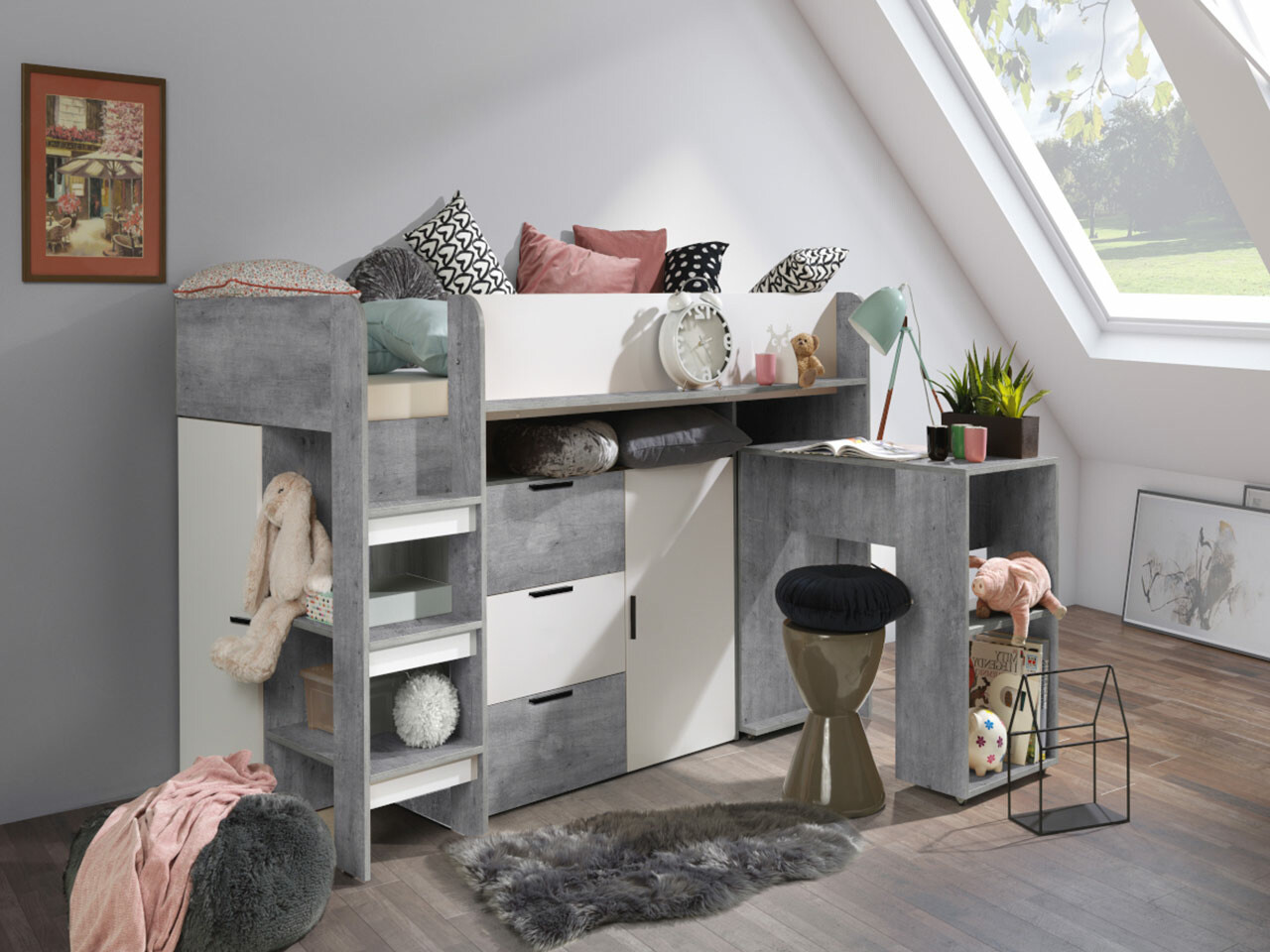 Hohes Bett Hartford 363 (Beton + Weiß)