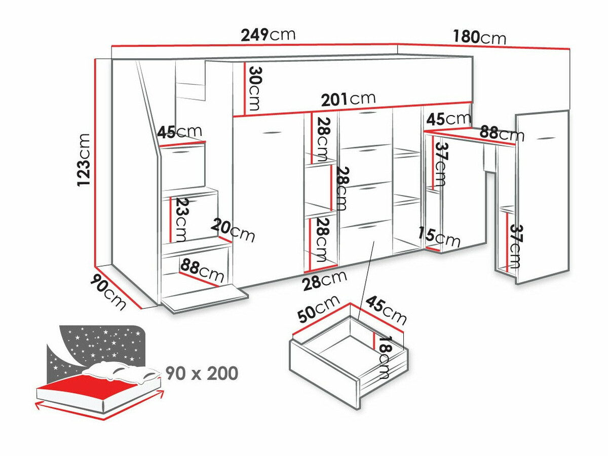 Hohes Bett Hartford 364 (Beton + Weiß)