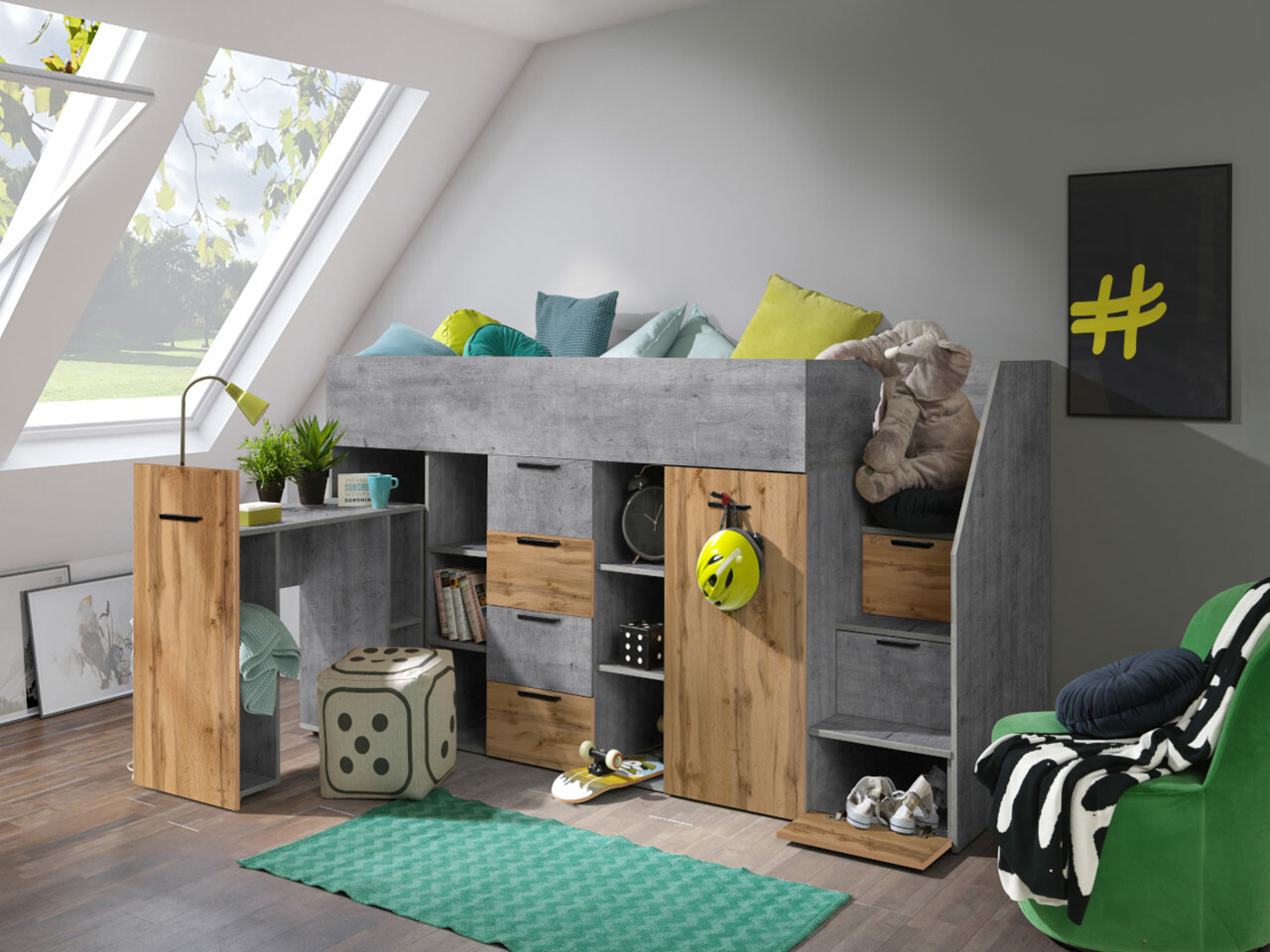 Hohes Bett Hartford 364 (Beton + Wotan Eiche)