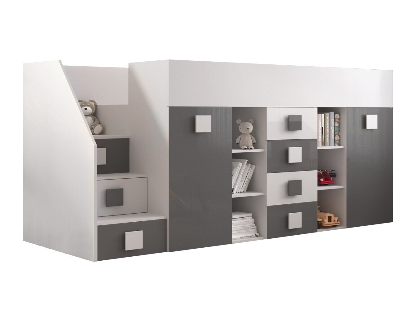 Hohes Bett Hartford 366 (Weiß + Glanzgrau + Weiß glänzend)