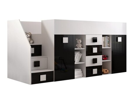 Hohes Bett Hartford 366 (Weiß + Schwarz glänzend + Weiß glänzend)