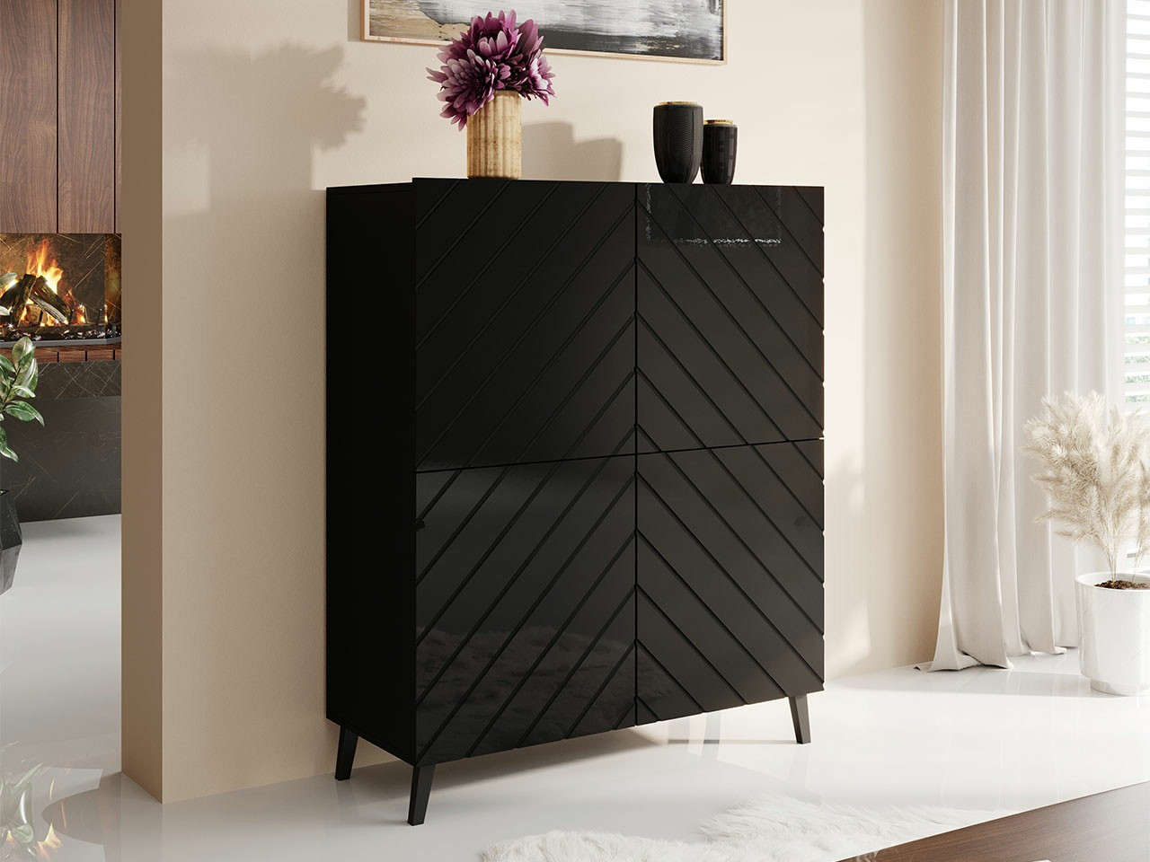Sideboard Charlotte 179 (Schwarz + Schwarz glänzend)