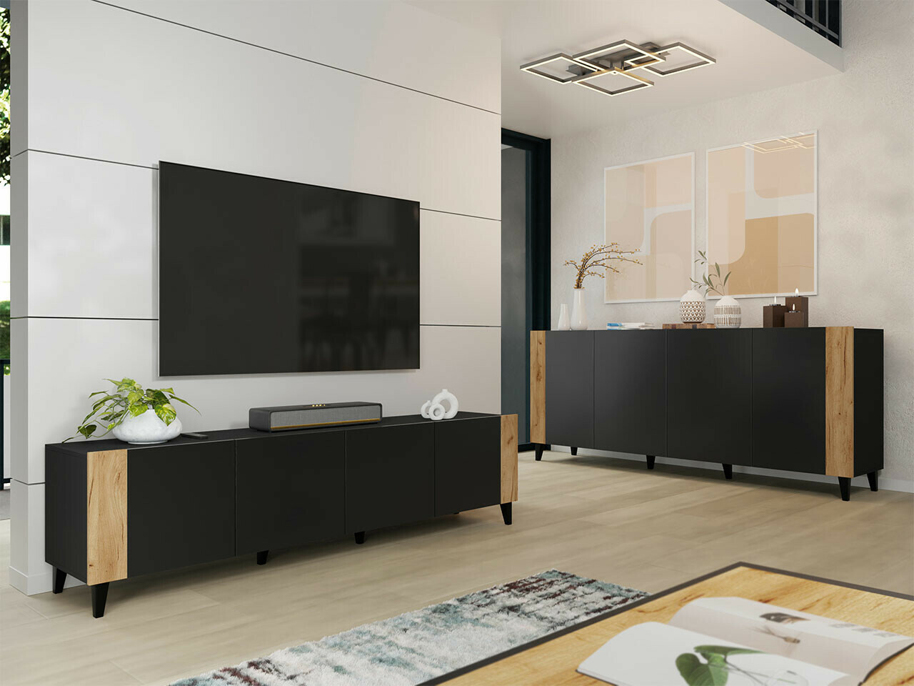 Wohnzimmer-Sets Charlotte 185 (Schwarz + Craft eichenholzoptik)