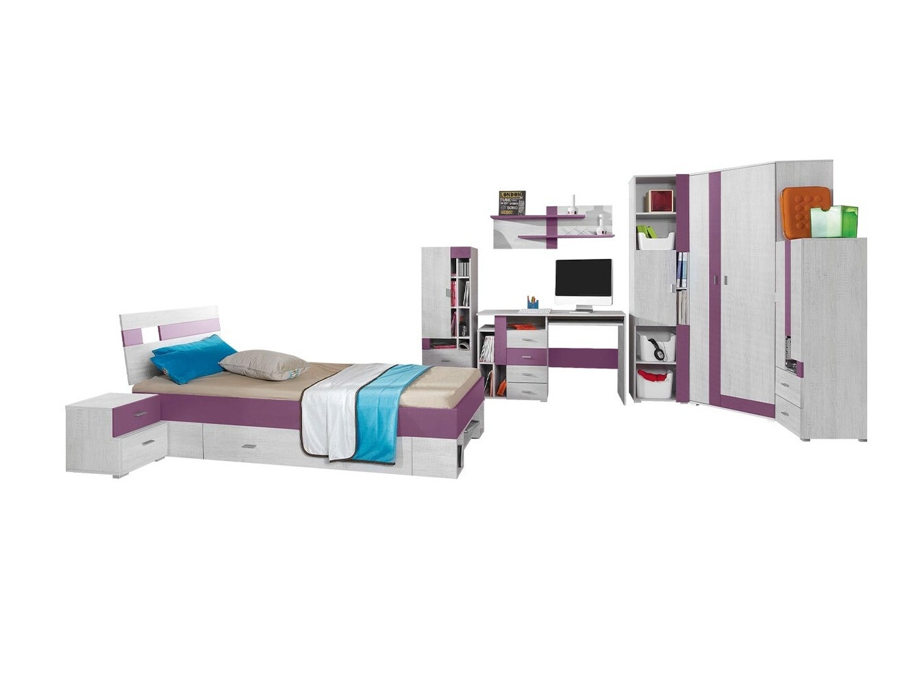 Kinderzimmer-Set Omaha D142 (Lila + Kiefernholzoptik gebleicht)