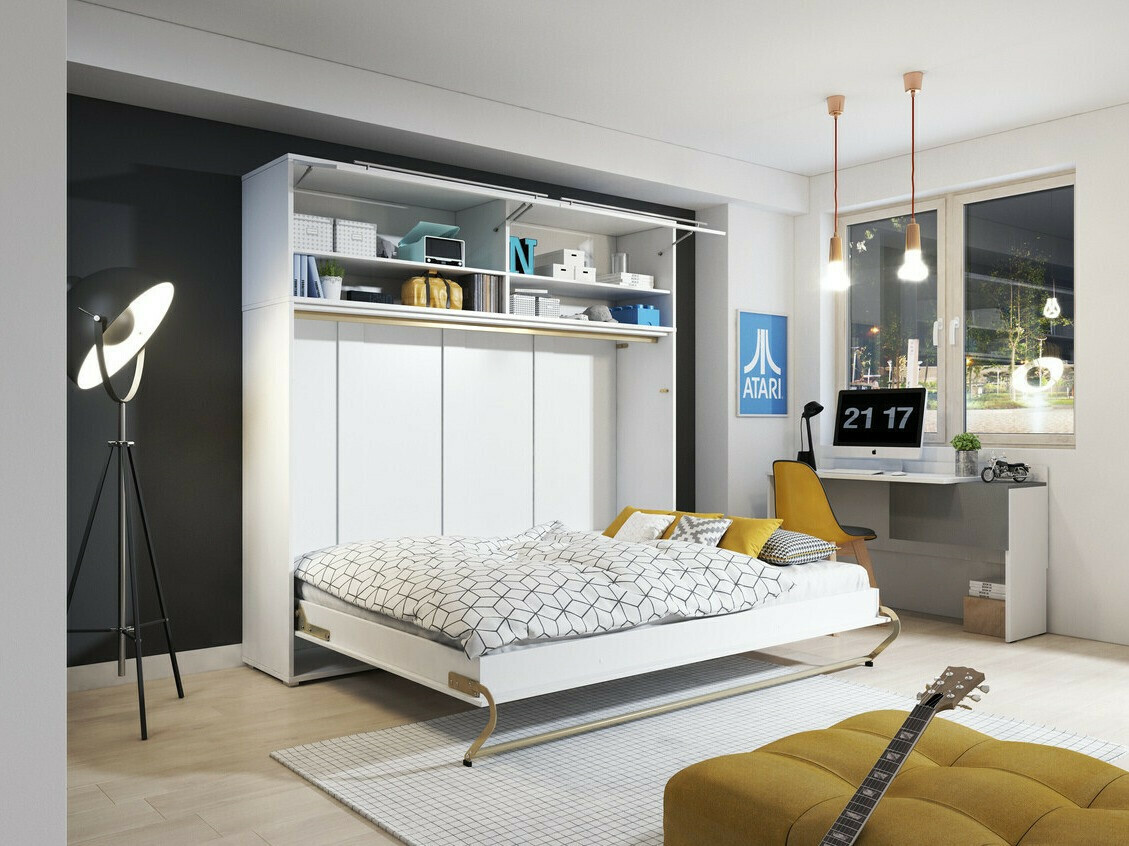 Schrankbett Concept Pro Lenart IV (Weiß + Weiß glänzend)