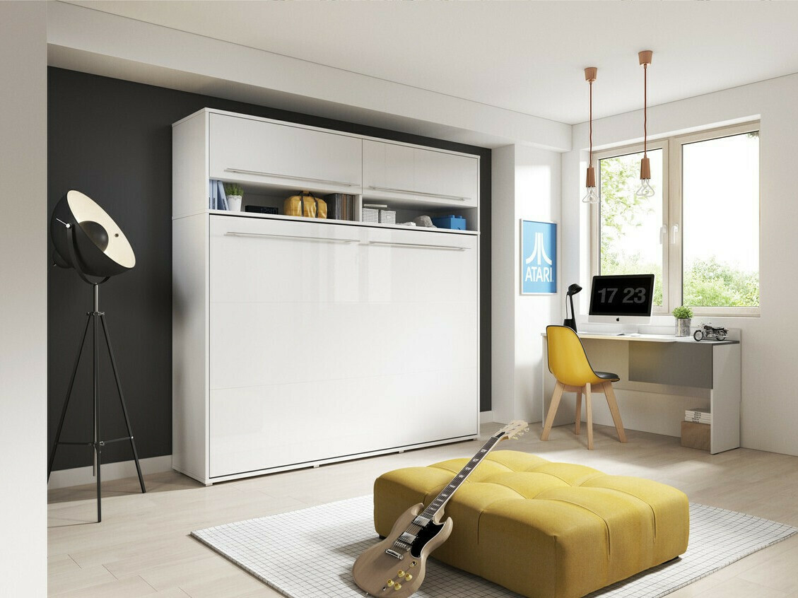 Schrankbett Concept Pro Lenart IV (Weiß + Weiß glänzend)