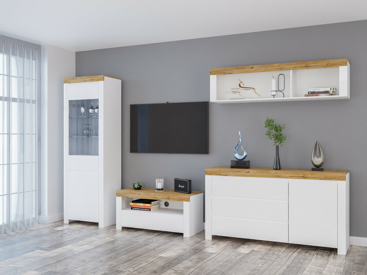 Wohnzimmer-Sets Sonsoru 144 (Weiß + Weiß glänzend + Wotan Eiche)
