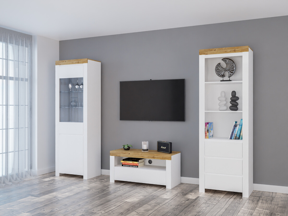 Wohnzimmer-Sets Sonsoru 145 (Weiß + Weiß glänzend + Wotan Eiche)