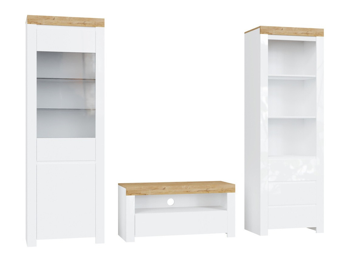 Wohnzimmer-Sets Sonsoru 145 (Weiß + Weiß glänzend + Wotan Eiche)