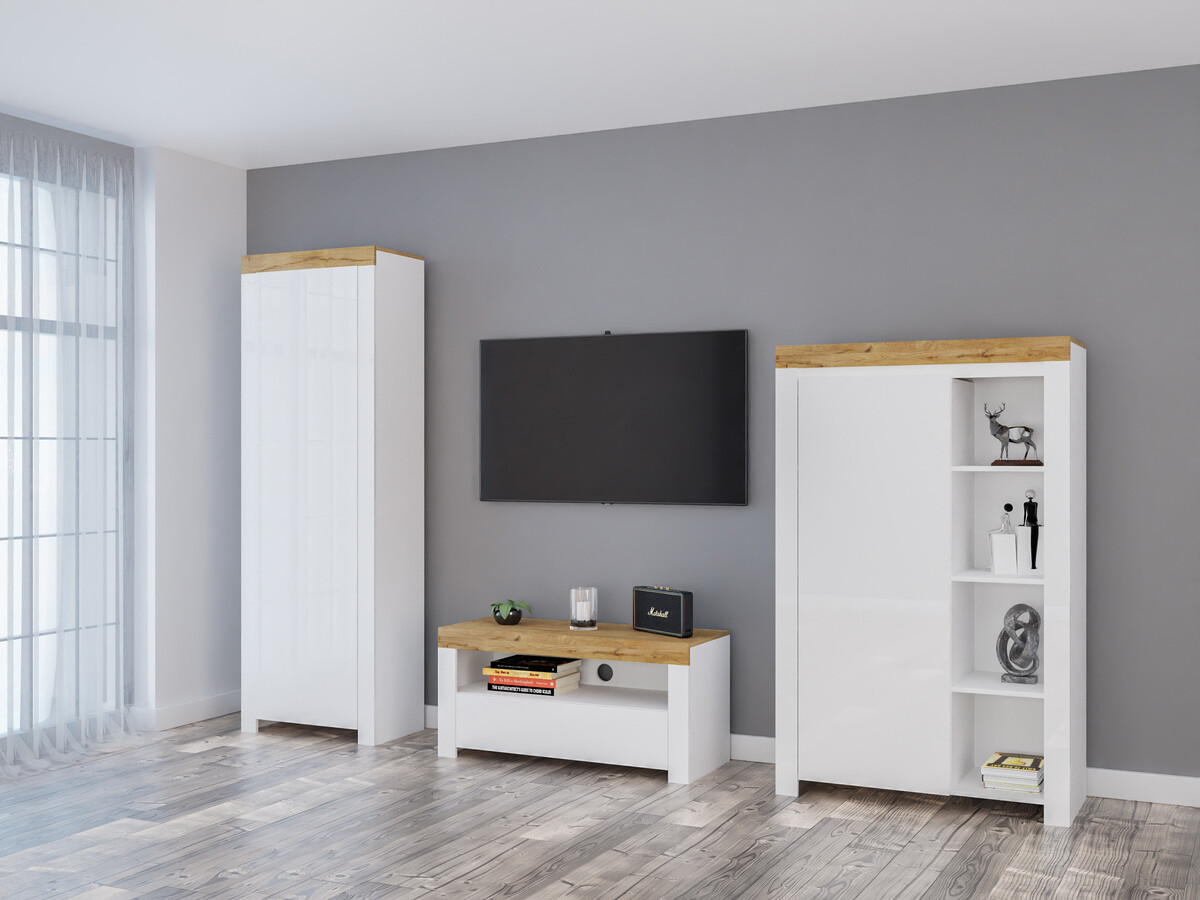 Wohnzimmer-Sets Sonsoru 147 (Weiß + Weiß glänzend + Wotan Eiche)