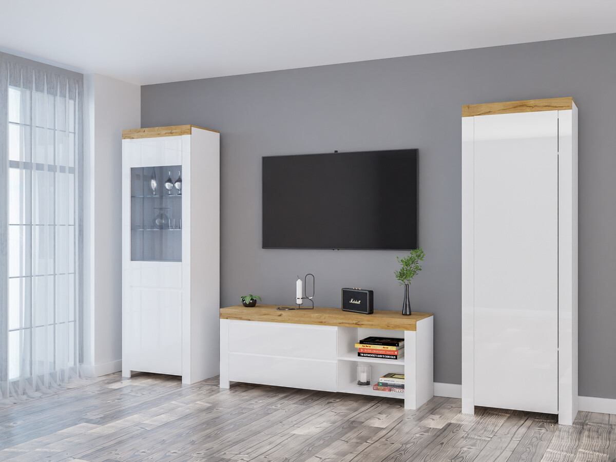 Wohnzimmer-Sets Sonsoru 148 (Weiß + Weiß glänzend + Wotan Eiche)