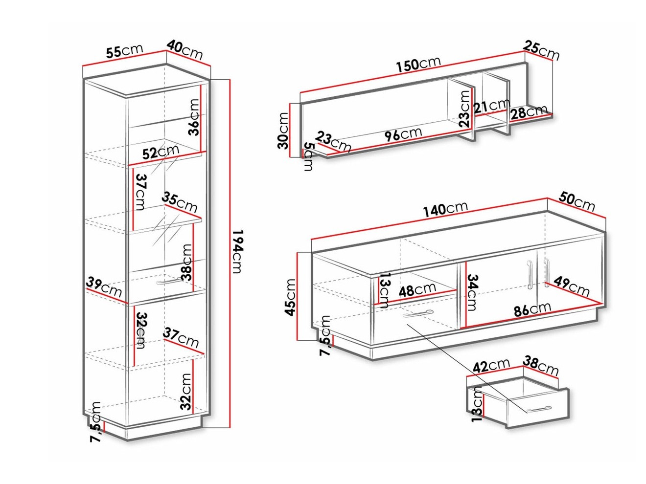 Wohnzimmer-Sets Omaha T129 (Weiß + Eichenholzoptik hell)