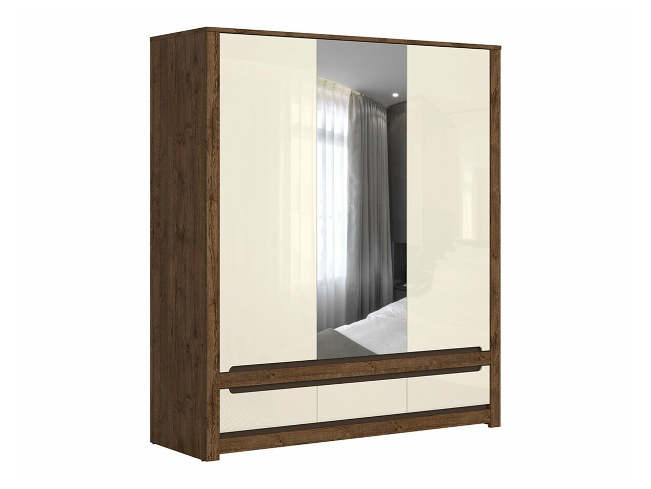 Kleiderschrank Ophevaru 114 (Cremefarben glänzend + April eichenholzoptik)