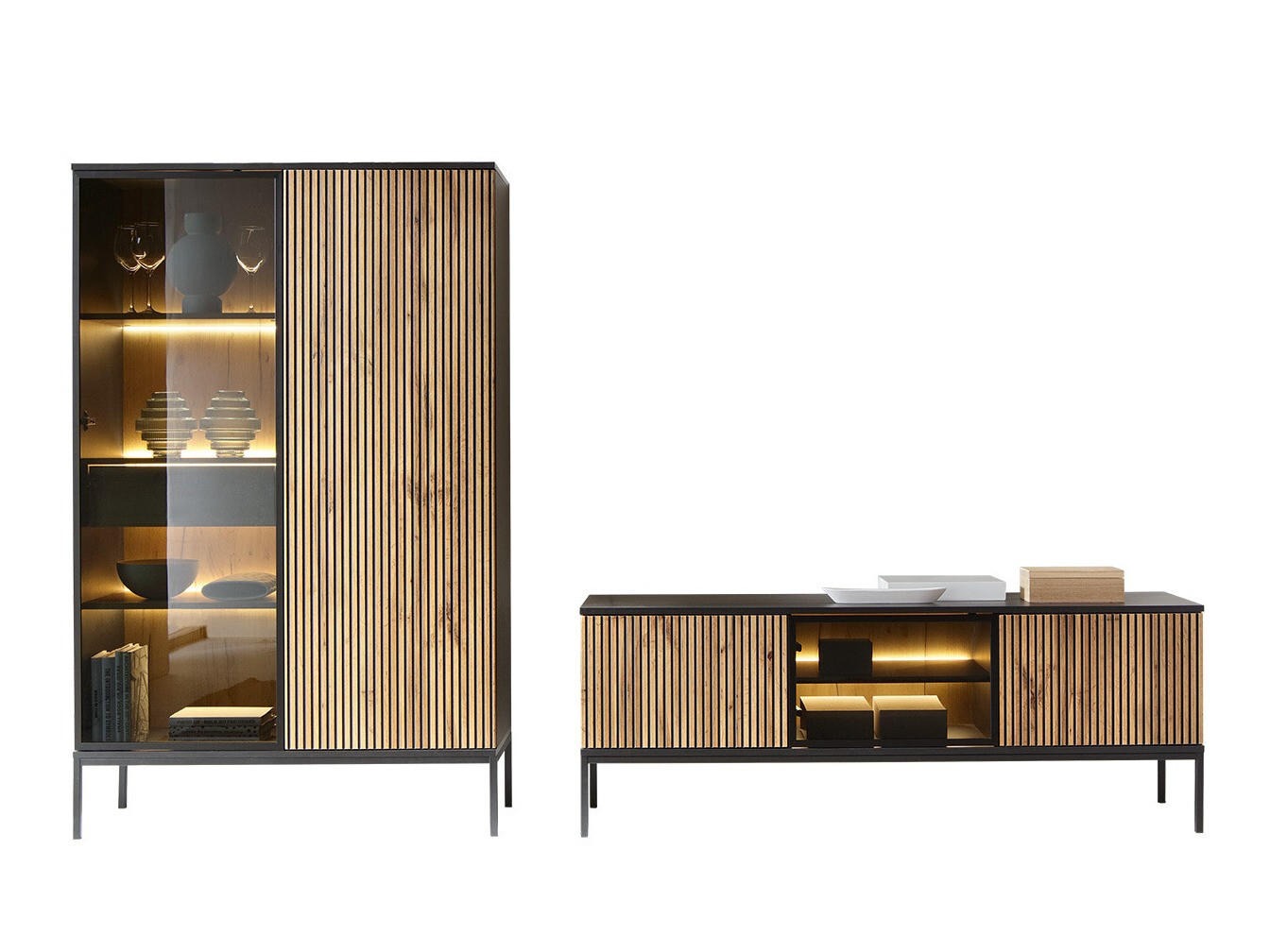 Wohnzimmer-Sets Manal I (Schwarz + Wotan Eiche)