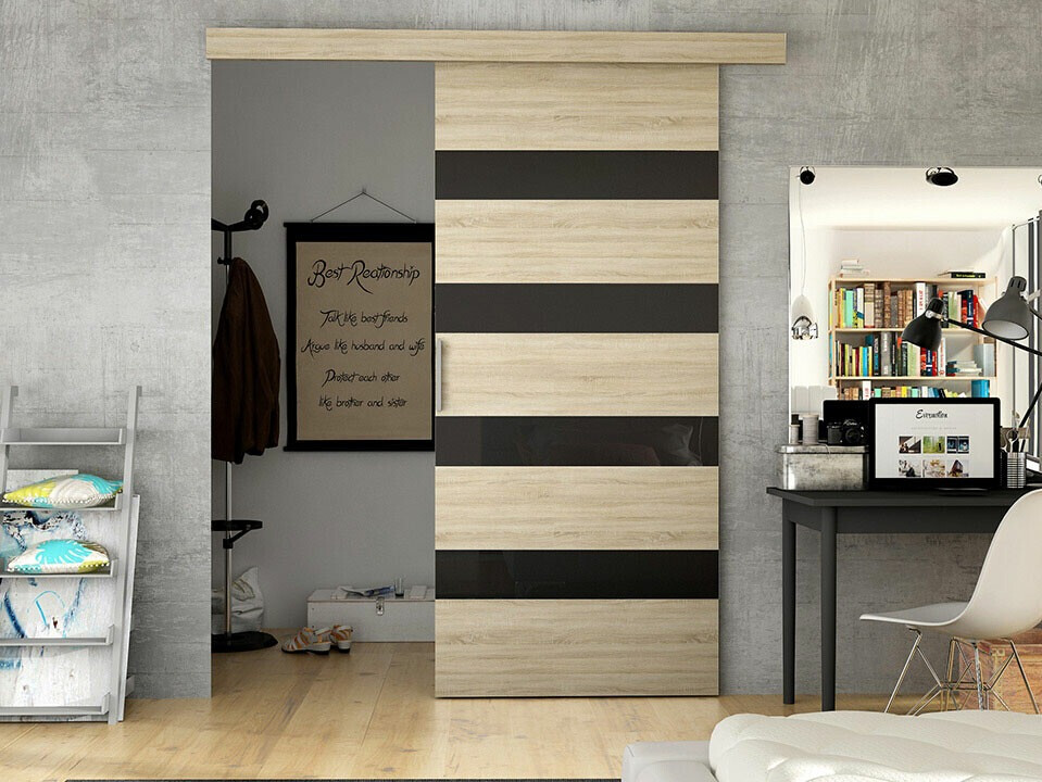 Schwebetür Closico Portalis V (Sonoma Eichenholzoptik + Schwarz)