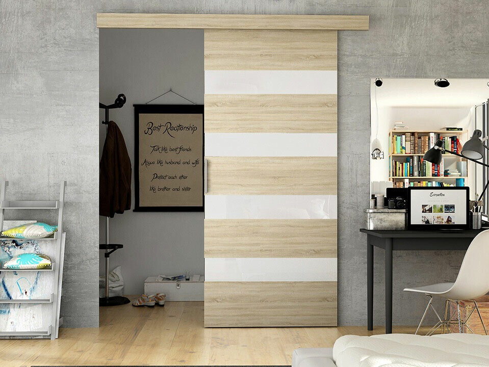 Schwebetür Closico Portalis V (Sonoma Eichenholzoptik + Weiß)