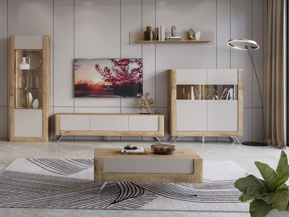TV-Möbel Sovera 104 (Goldene Eichenholzoptik + Kaschmir)