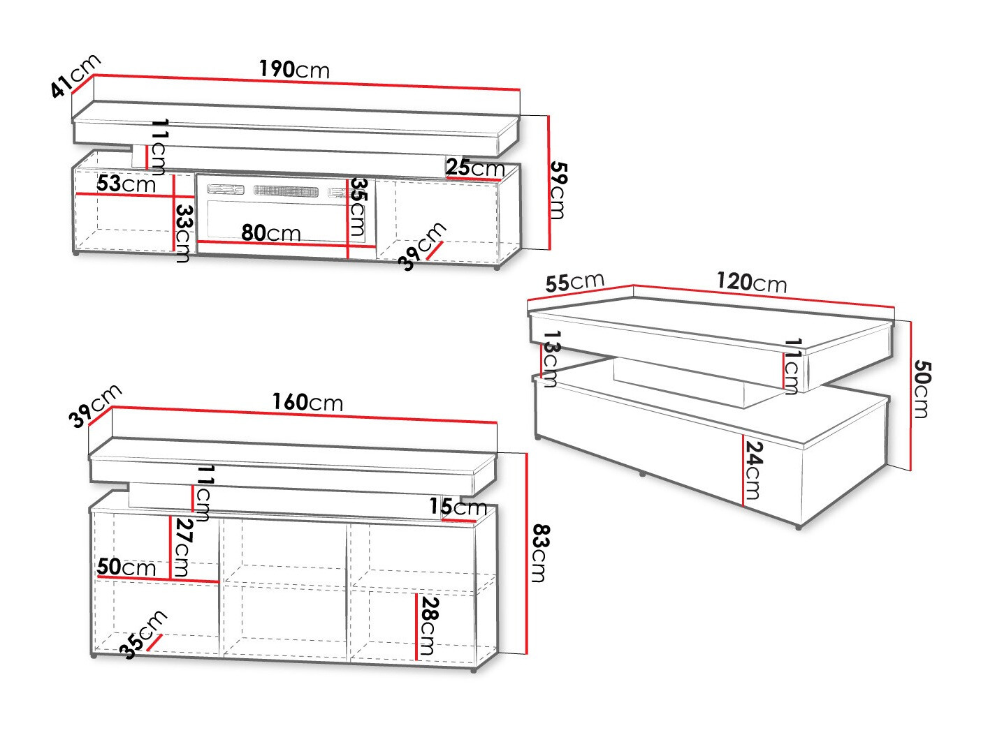 Wohnzimmer-Sets Monfero I (Schwarz + Schwarz glänzend)