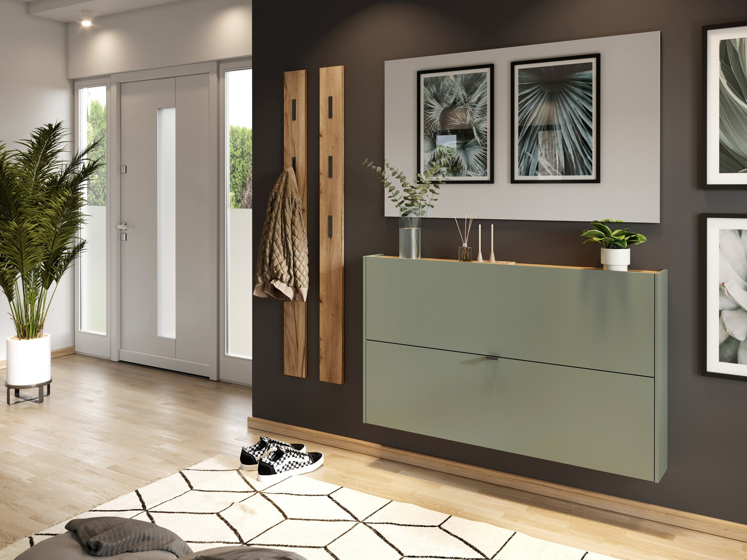 Schuhschrank Cirsale 108 (Staubiges Grün + Navarra eichenholzoptik)