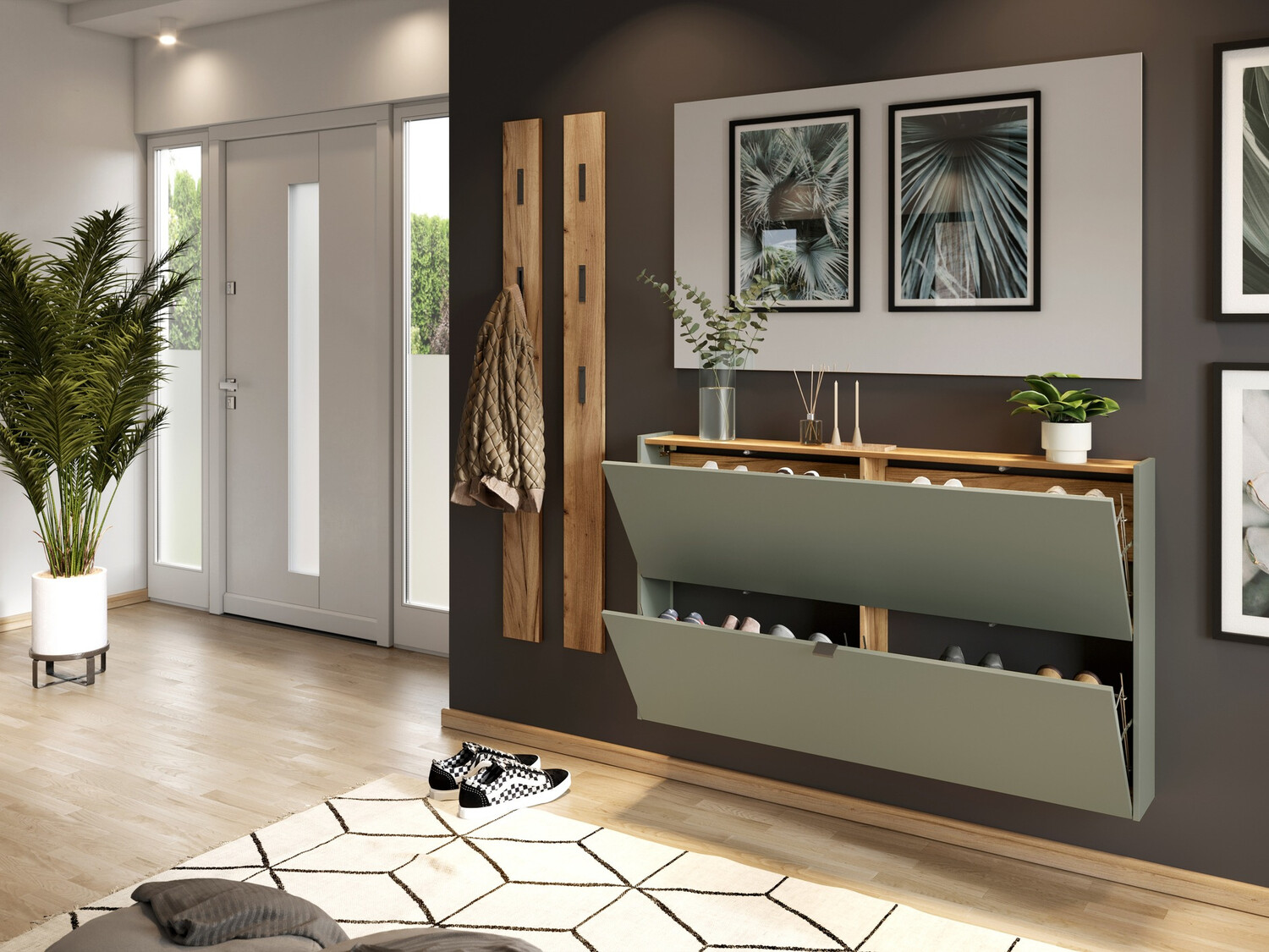 Schuhschrank Cirsale 108 (Staubiges Grün + Navarra eichenholzoptik)