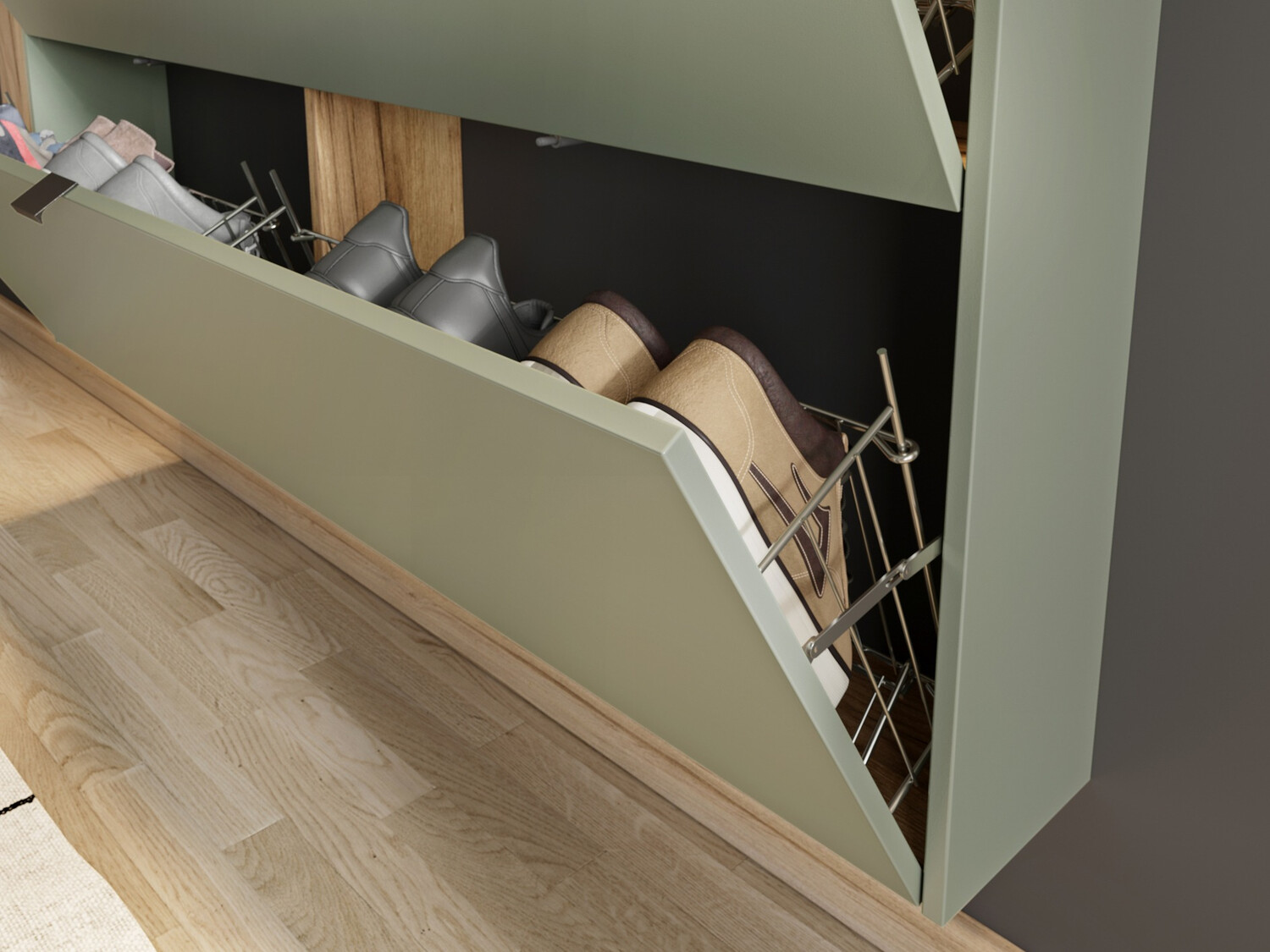 Schuhschrank Cirsale 108 (Staubiges Grün + Navarra eichenholzoptik)