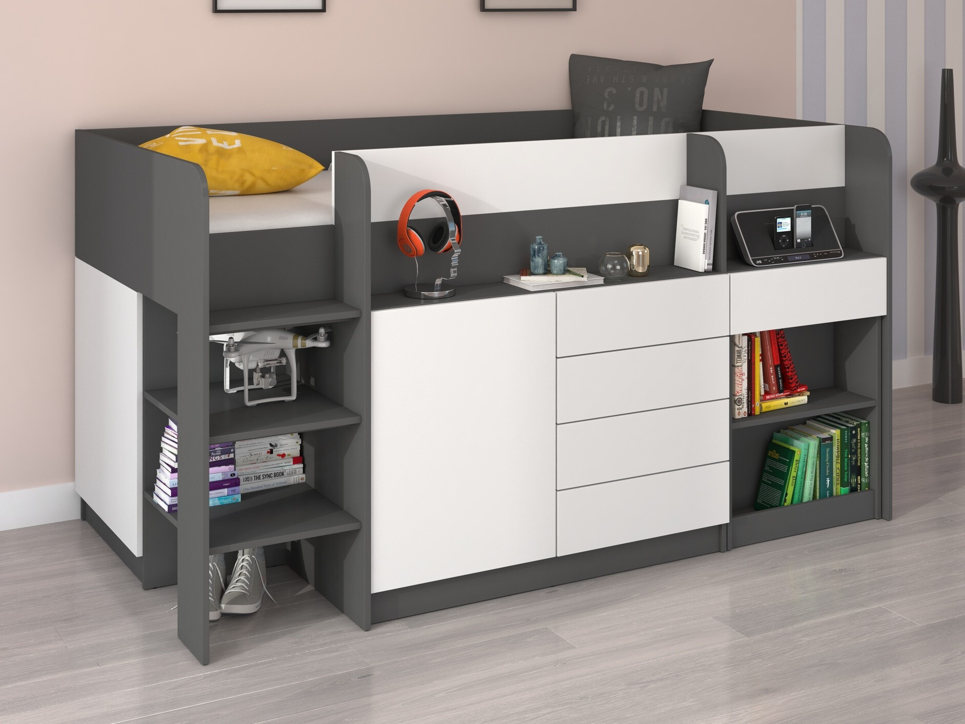 Hohes Bett Gilroy 116 (Graphit + Weiß)