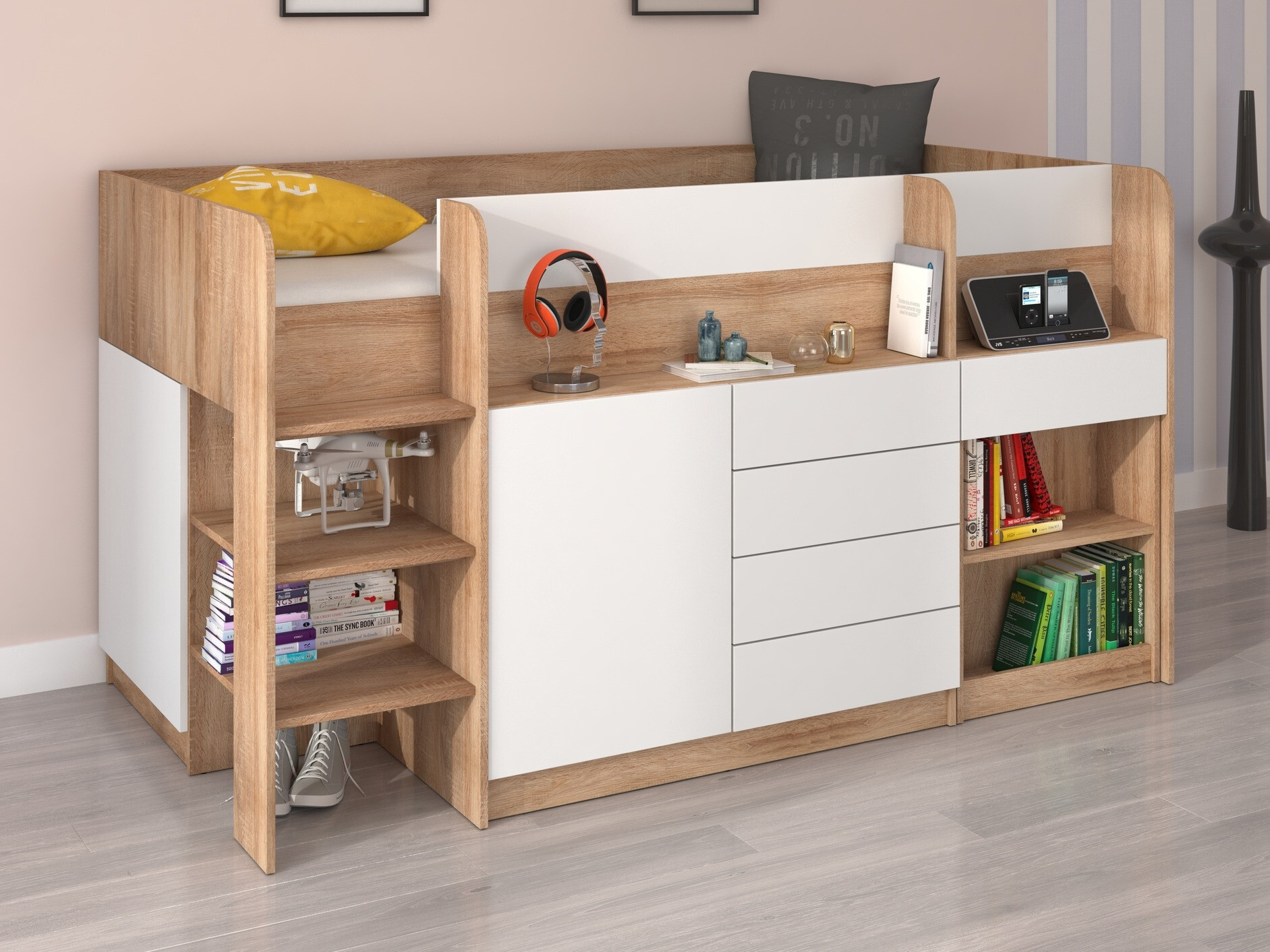 Hohes Bett Gilroy 116 (Sonoma Eichenholzoptik + Weiß)