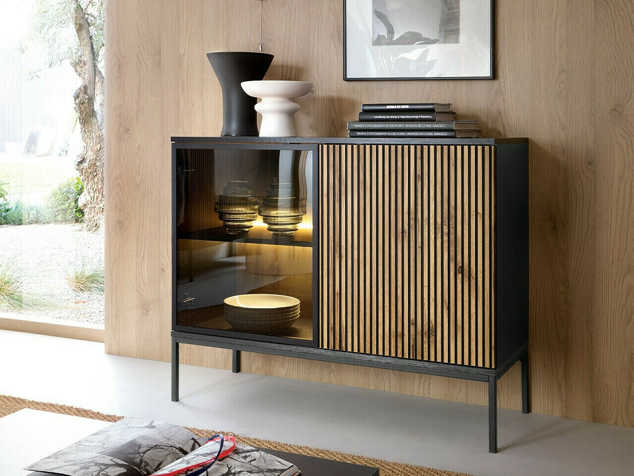 Sideboard Soferi 107 (Schwarz + Wotan Eiche)