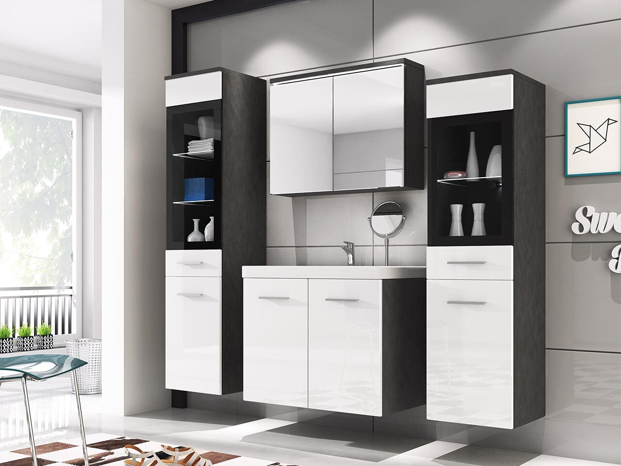 Badezimmer-Set Sarasota 140 (Weiß glänzend + Matera grau)