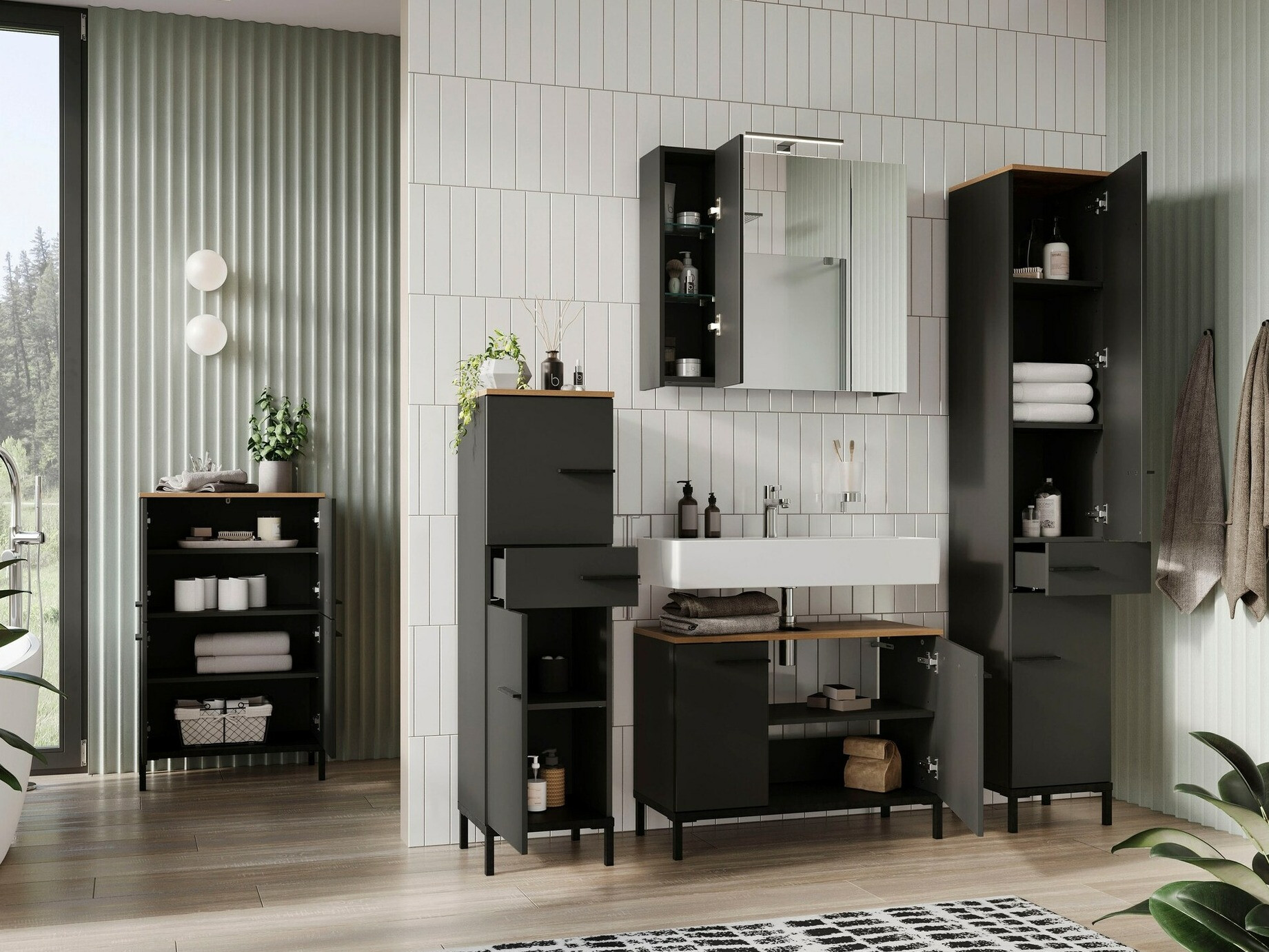 Badezimmer-Set Ruvlevu 104 (Graphit + Navarra eichenholzoptik)