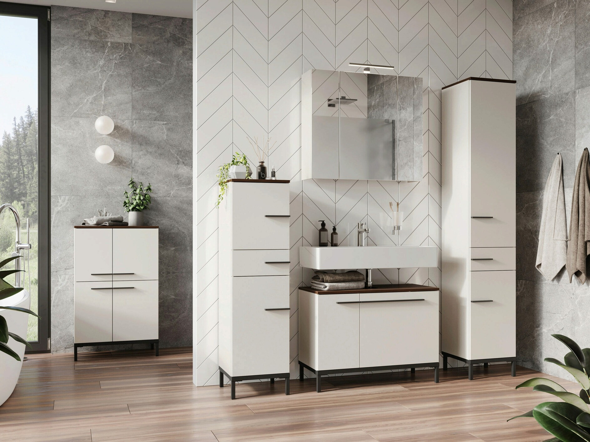 Badezimmer-Set Ruvlevu 104 (Hellgrau + Nussholzoptik)