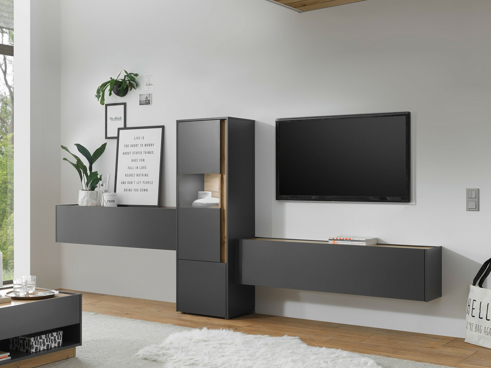 Wohnzimmer-Sets Elbsori 122 (Anthrazit + Wotan Eiche)