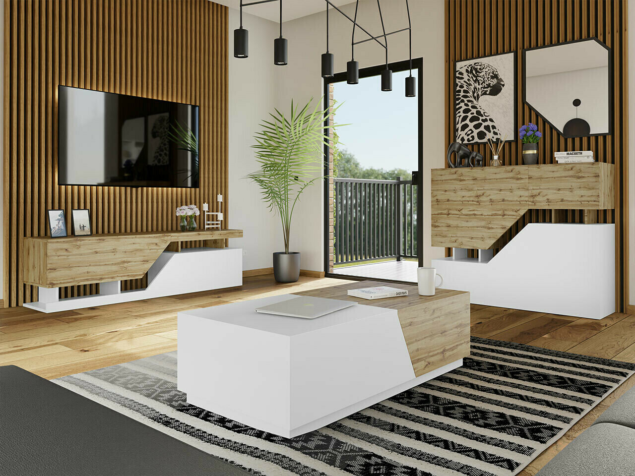 Wohnzimmer-Sets Comfivo Daldune I (Wotan Eiche + Weiß)