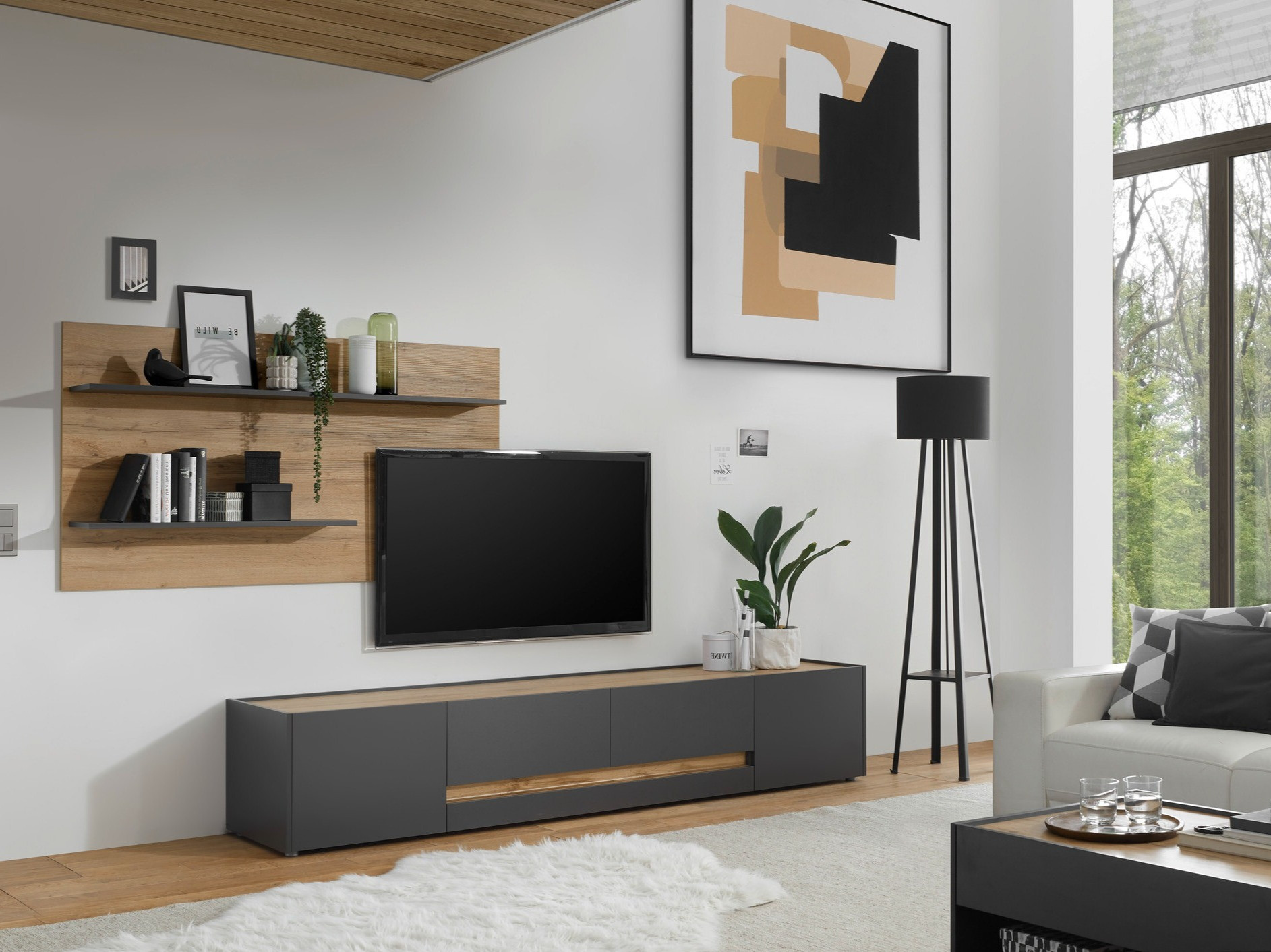 Wohnzimmer-Sets Elbsori 124 (Anthrazit + Wotan Eiche)