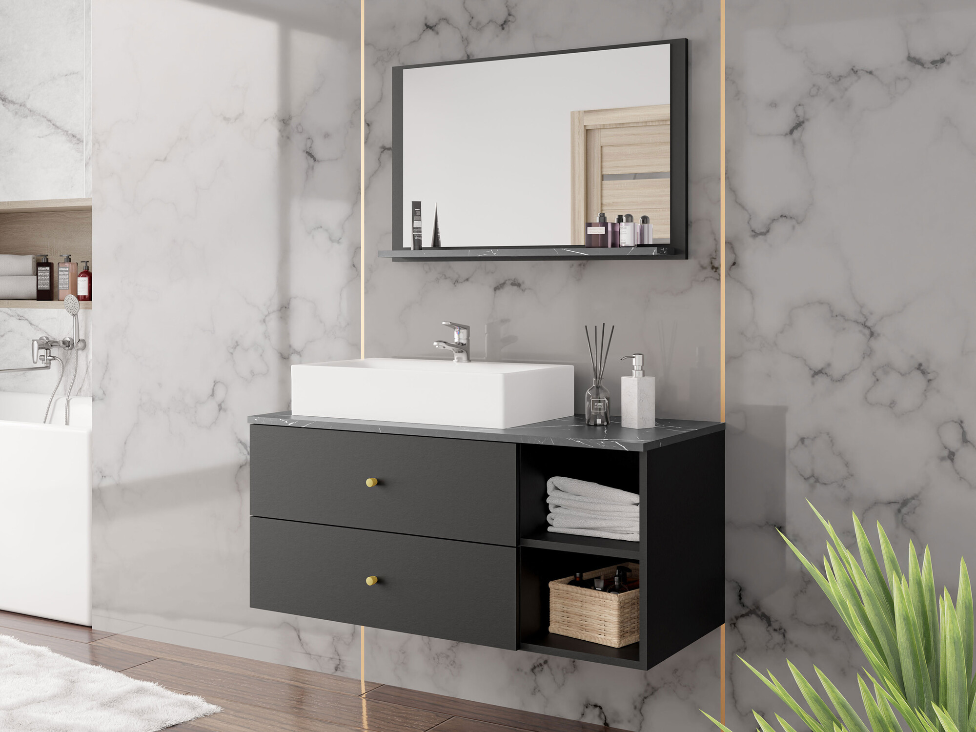 Badezimmer-Set Salus I (Schwarz + Schwarzer Marmor)