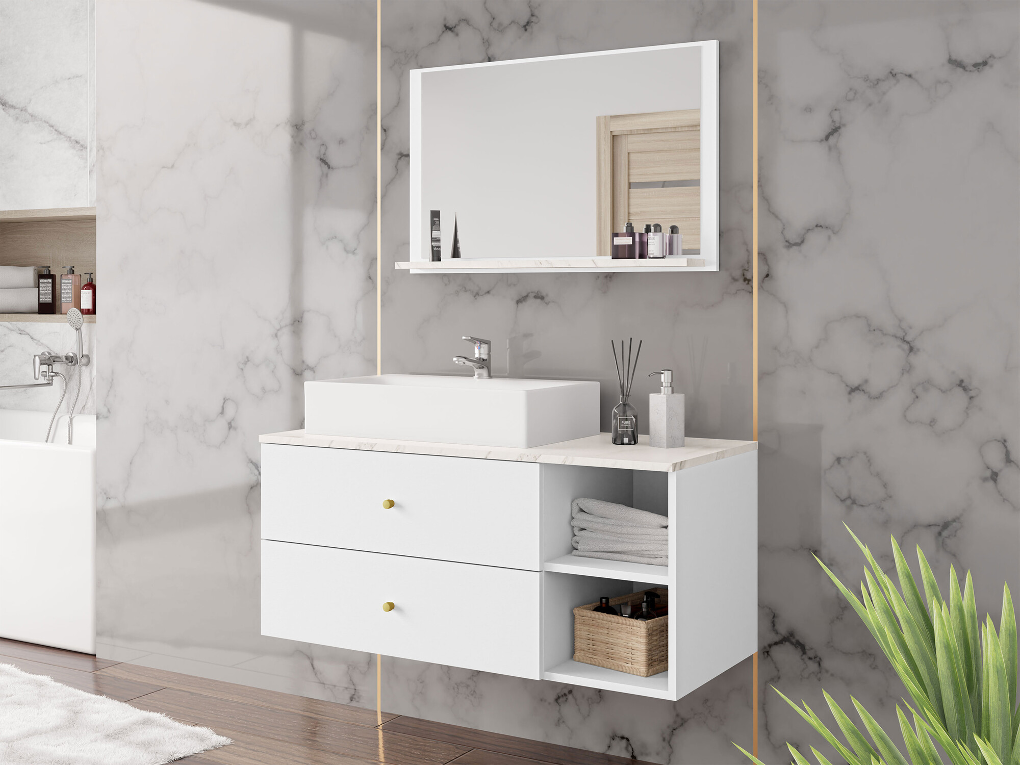 Badezimmer-Set Salus I (Weiß + Weißer Marmor)