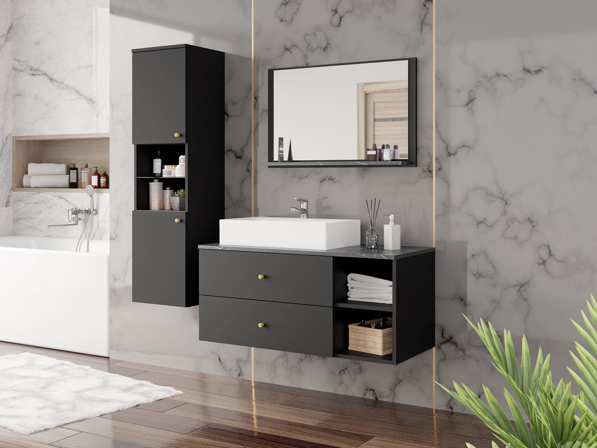 Badezimmer-Set Salus II (Schwarz + Schwarzer Marmor)